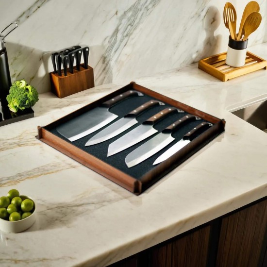 Alaz: 5'li Şef Bıçağı Seti Kutulu - Klasik, Santoku, Kiritsuke, Fileto & Doğrama Bıçağı, Satır Seti